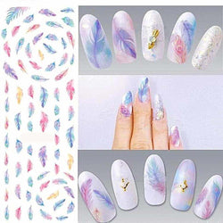 Gradient feather nail art water decal stickers for colorful nail designs.