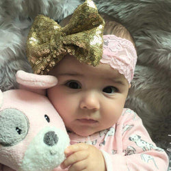 Childrens Big Sequined Bow with Lace Headband Hair Accessory