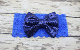 Childrens Big Sequined Bow with Lace Headband Hair AccessoryA cute girls Big Sequined Bow with Lace Headband Hair Accessory.
This elasticated sequined headband is a great way of dressing up and glamorising any outfit.These arlavishhairandbeauty.comChildrens Big Sequined Bow