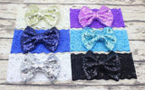 Childrens Big Sequined Bow with Lace Headband Hair AccessoryA cute girls Big Sequined Bow with Lace Headband Hair Accessory.
This elasticated sequined headband is a great way of dressing up and glamorising any outfit.These arlavishhairandbeauty.comChildrens Big Sequined Bow