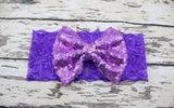 Childrens Big Sequined Bow with Lace Headband Hair AccessoryA cute girls Big Sequined Bow with Lace Headband Hair Accessory.
This elasticated sequined headband is a great way of dressing up and glamorising any outfit.These arlavishhairandbeauty.comChildrens Big Sequined Bow
