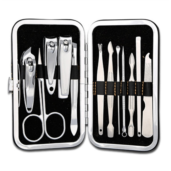 12 Piece Manicure Travel Set In Stainless Steel with Storage Case (Black Case)