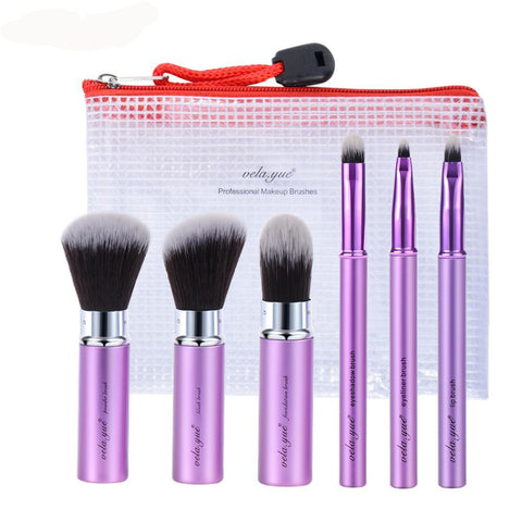 Retractable 6 Piece Travel Makeup Brush Set Beauty Tool Kit with Cover and Case